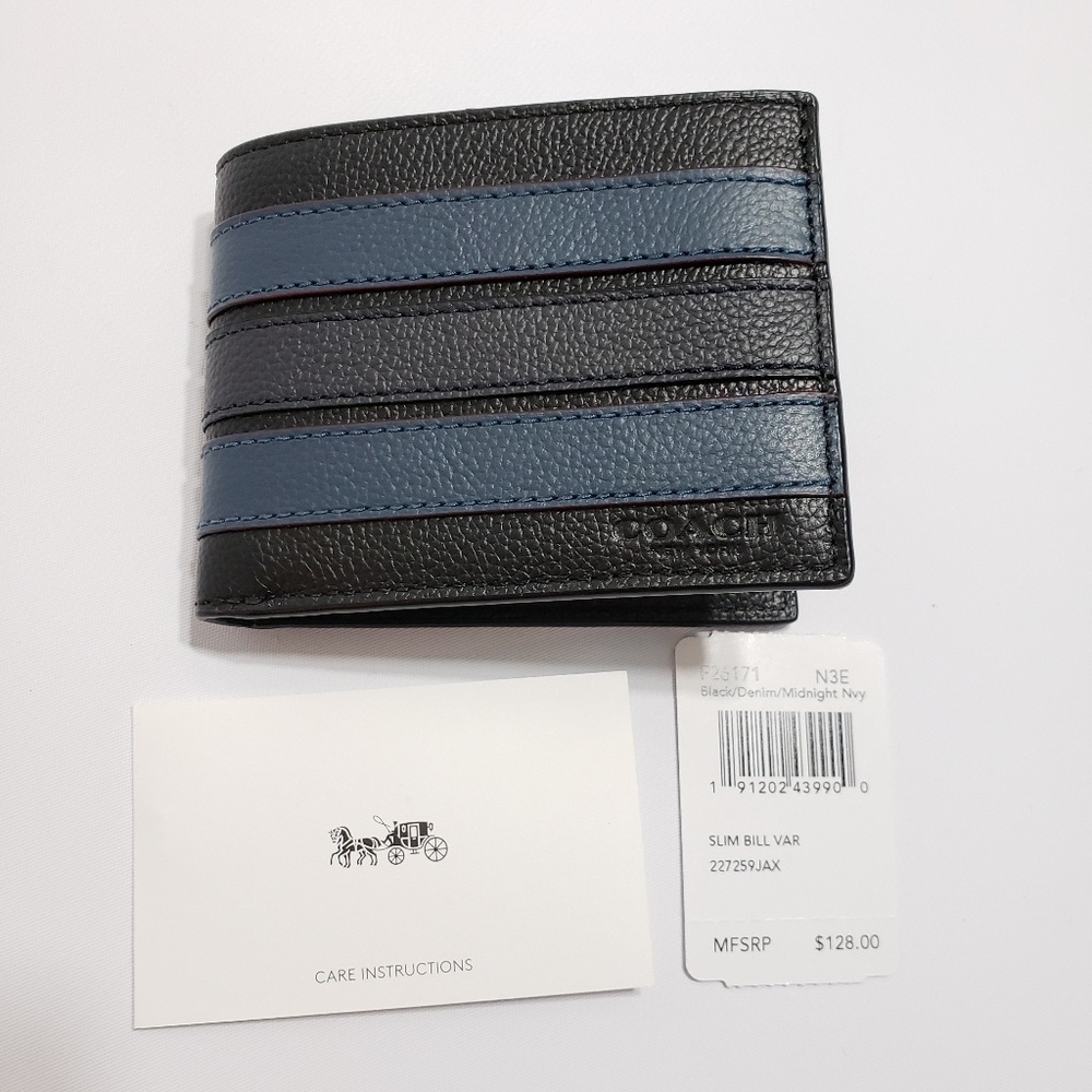 Coach Slim Billfold Wallet Varsity Stripe Black - Picture 1 of 8